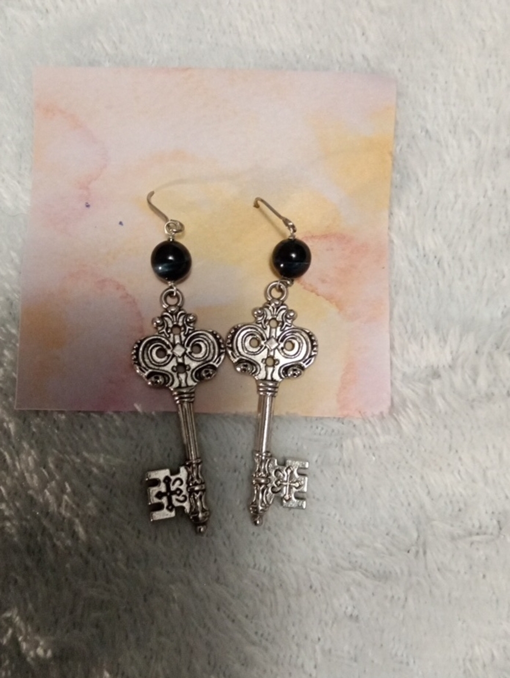 2/$7**Key Earrings - Dark Blue Stone And Hanging Vintage Key